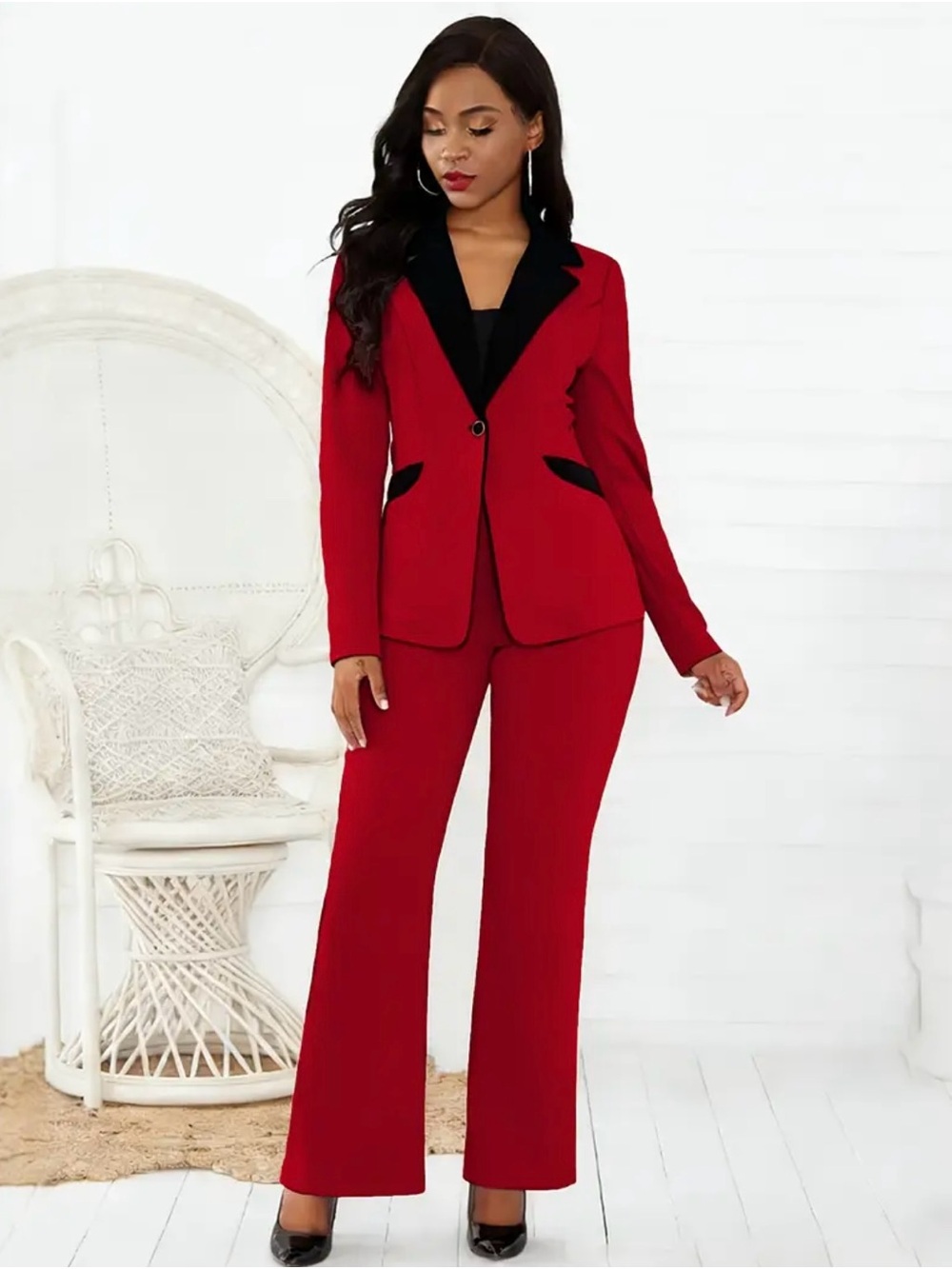 Women's Red Two-Piece Suit with Black Trim
